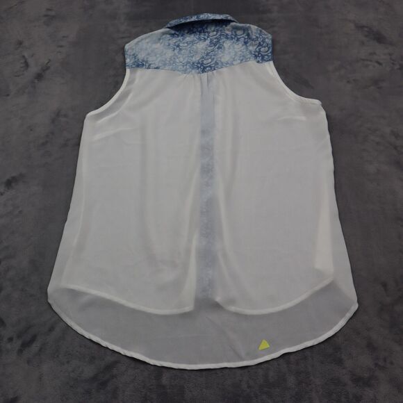 EM Shirt Womens White Blue Sleeveless Collared Button Sheer High Low Hem - Picture 8 of 15